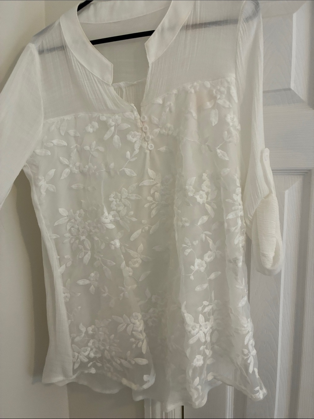 SHEIN White Sheer Floral Embroidered Button-Front Blouse